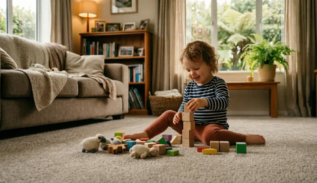 Toddler playing with wooden blocks on soft beige carpet in a warm New Zealand living room